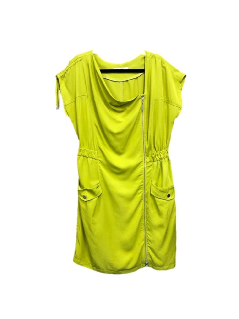 Monnari lime tencel asymmetrical ruched zip Lagenlook dress Fits 14ish